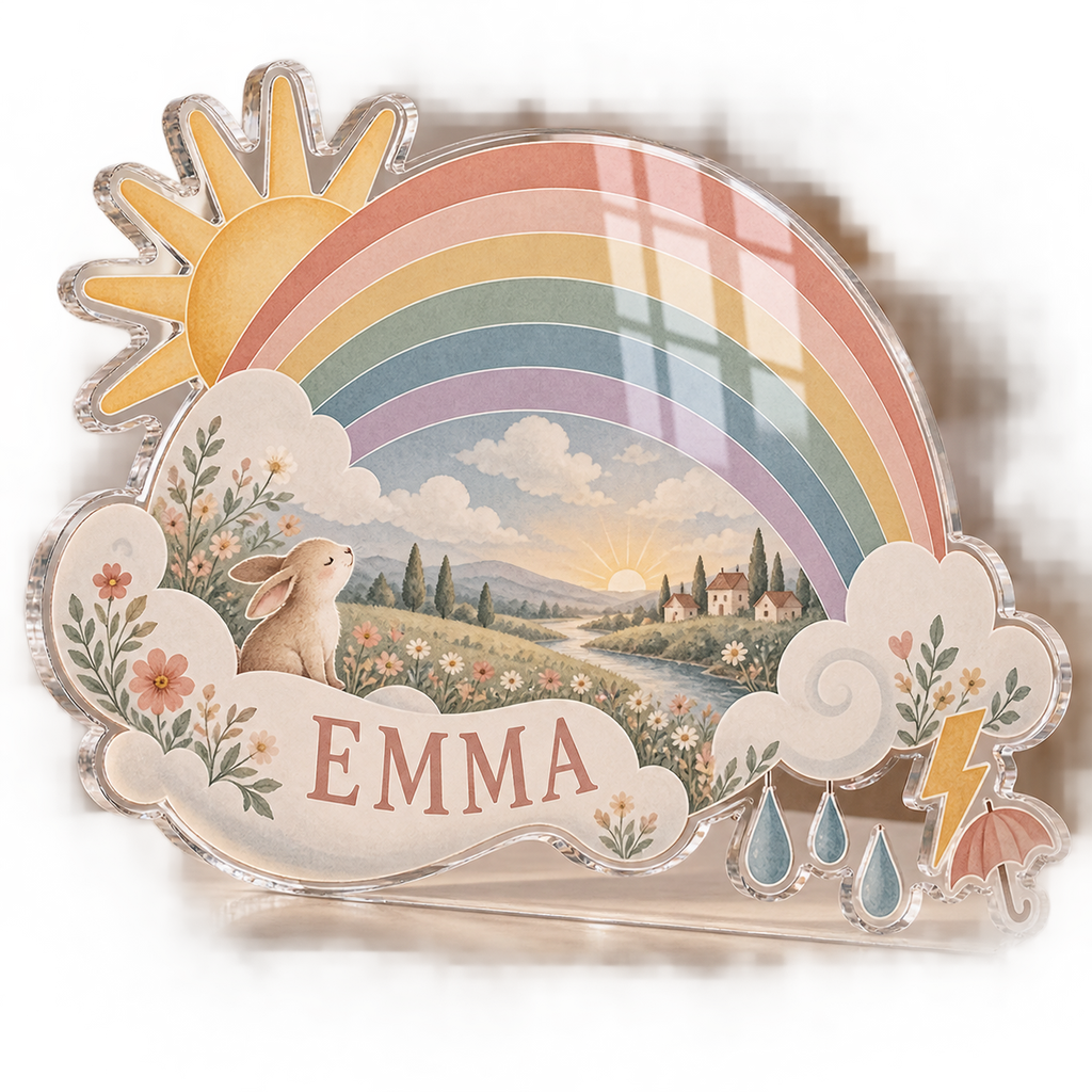 Artwork visualization: Rainbow weather — personalized name wall, personalized EMMA, subject-shaped acrylic with printed optical 3D depth; not carved relief.
