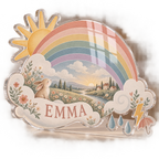 Artwork visualization: Rainbow weather — personalized name wall, personalized EMMA, subject-shaped acrylic with printed optical 3D depth; not carved relief.