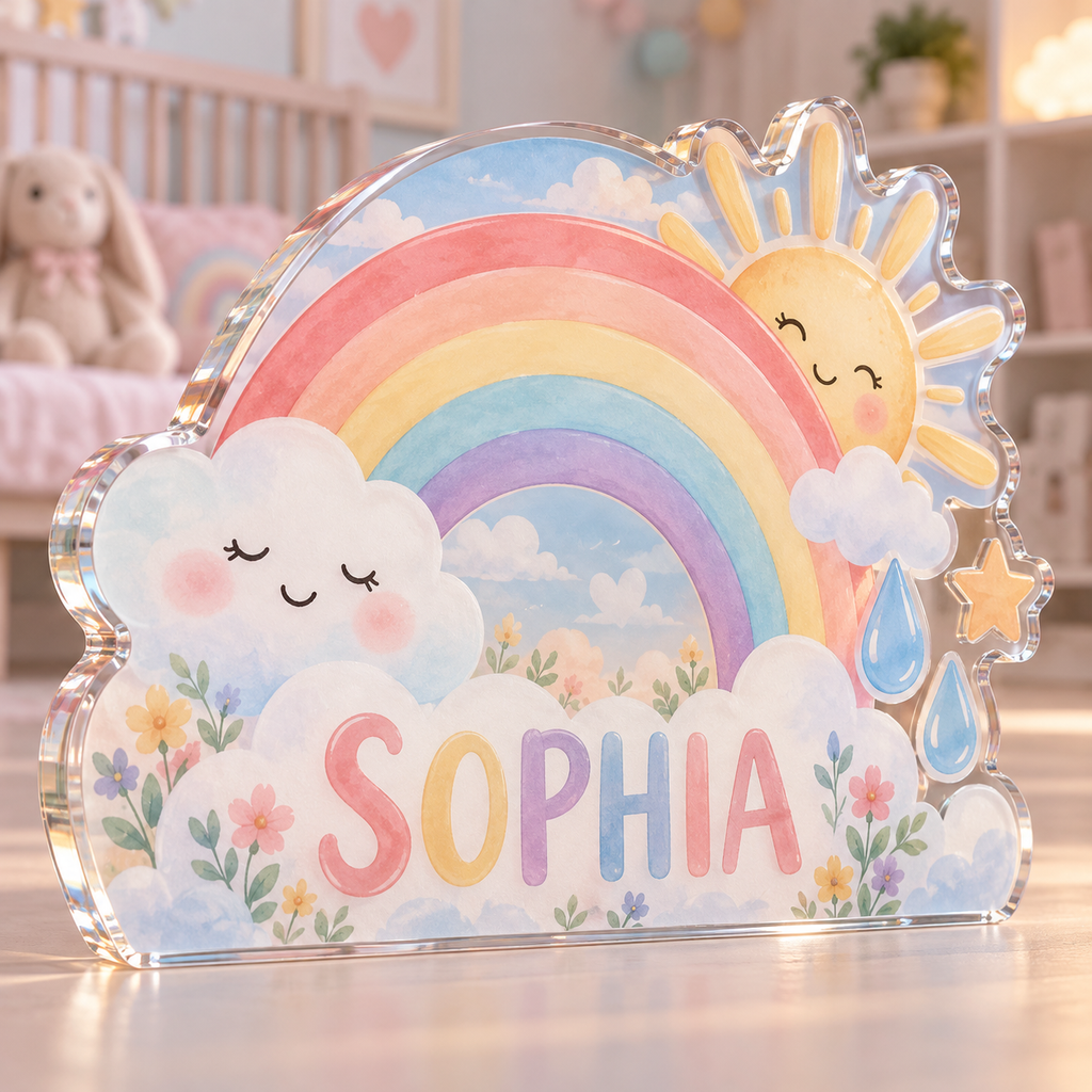 Artwork visualization: Rainbow weather — first birthday room keepsake, personalized SOPHIA, subject-shaped acrylic with printed optical 3D depth; not carved relief.