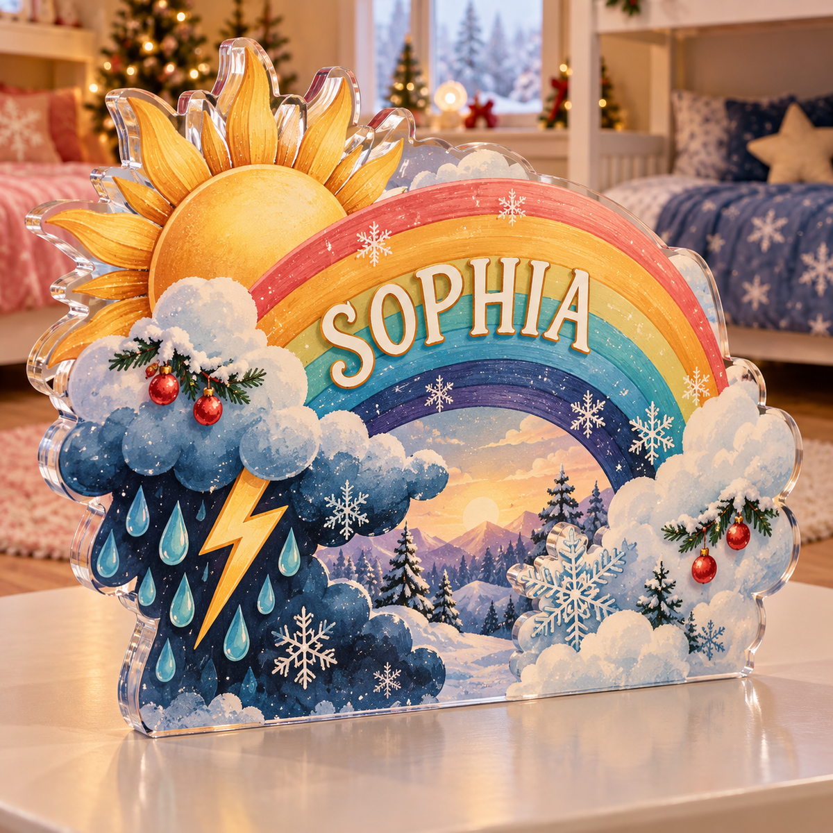 Artwork visualization: Rainbow weather — sibling shared room, personalized SOPHIA, subject-shaped acrylic with printed optical 3D depth; not carved relief.