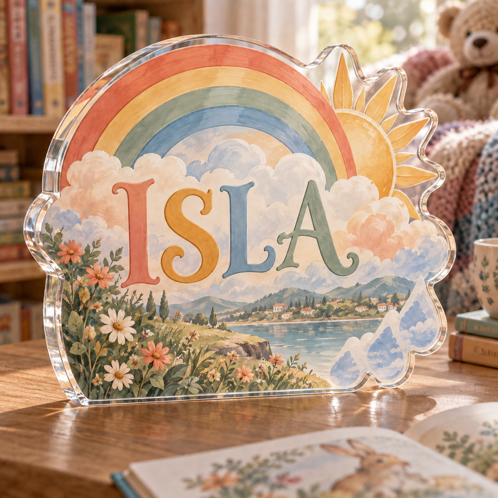 Artwork visualization: Rainbow weather — grandparent storytime corner, personalized ISLA, subject-shaped acrylic with printed optical 3D depth; not carved relief.