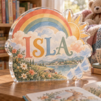 Artwork visualization: Rainbow weather — grandparent storytime corner, personalized ISLA, subject-shaped acrylic with printed optical 3D depth; not carved relief.