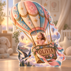Artwork visualization: Hot air balloon sky — nursery room decoration, personalized OLIVIA, subject-shaped acrylic with printed optical 3D depth; not carved relief.
