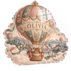 Artwork visualization: Hot air balloon sky — personalized name wall, personalized OLIVIA, subject-shaped acrylic with printed optical 3D depth; not carved relief.