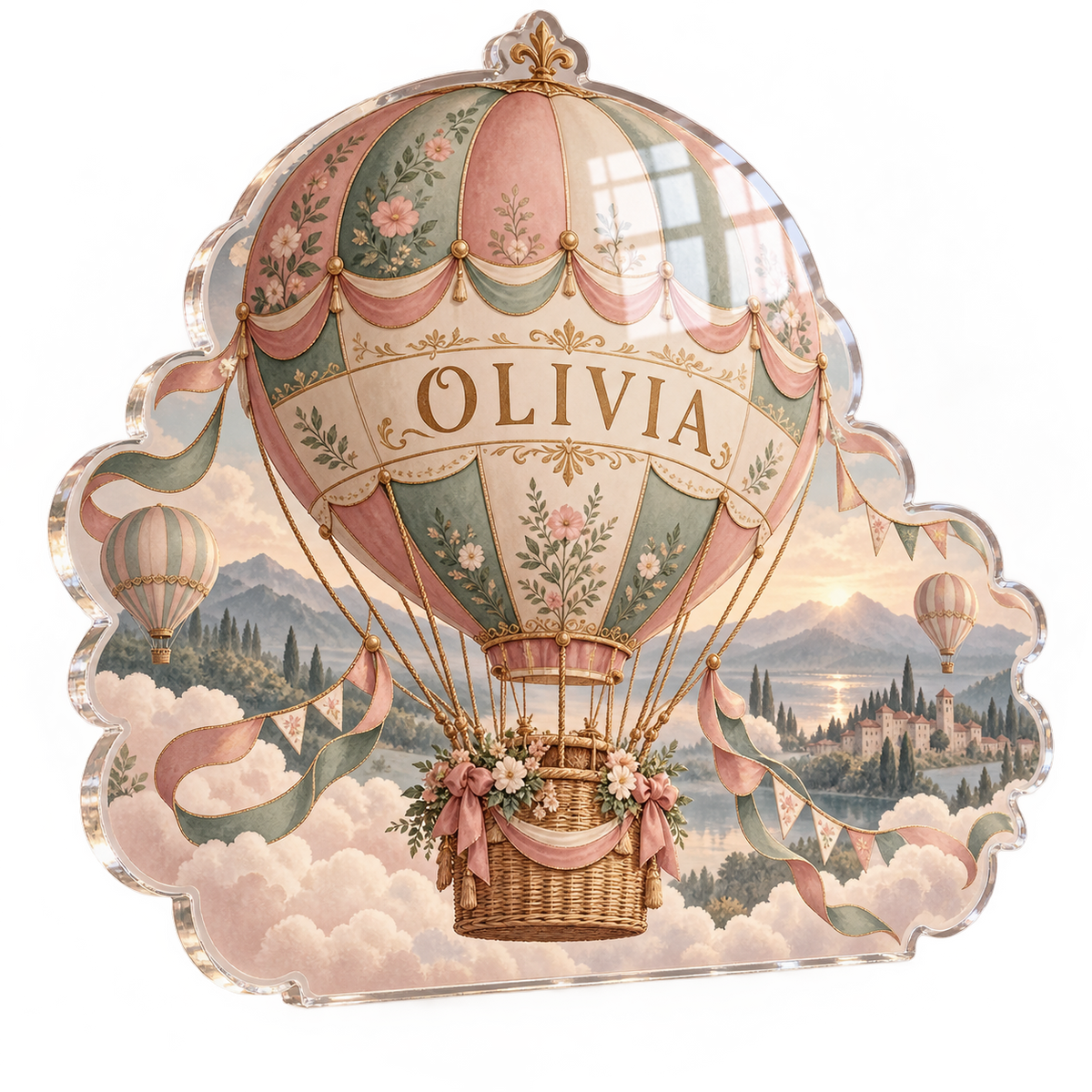 Artwork visualization: Hot air balloon sky — personalized name wall, personalized OLIVIA, subject-shaped acrylic with printed optical 3D depth; not carved relief.