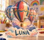 Artwork visualization: Hot air balloon sky — preschool classroom display, personalized LUNA, subject-shaped acrylic with printed optical 3D depth; not carved relief.
