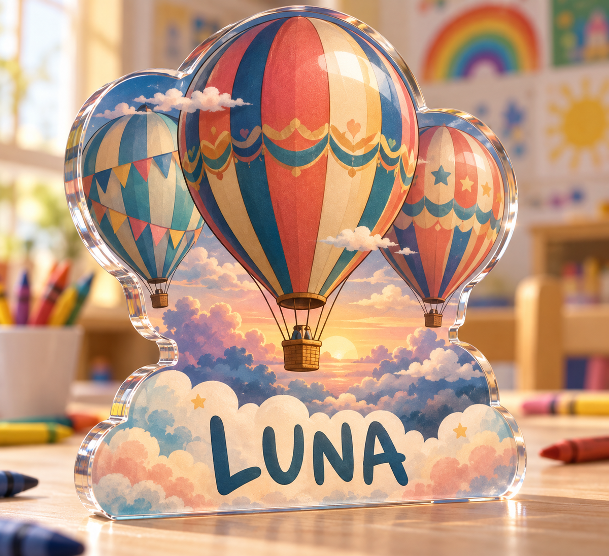 Artwork visualization: Hot air balloon sky — preschool classroom display, personalized LUNA, subject-shaped acrylic with printed optical 3D depth; not carved relief.