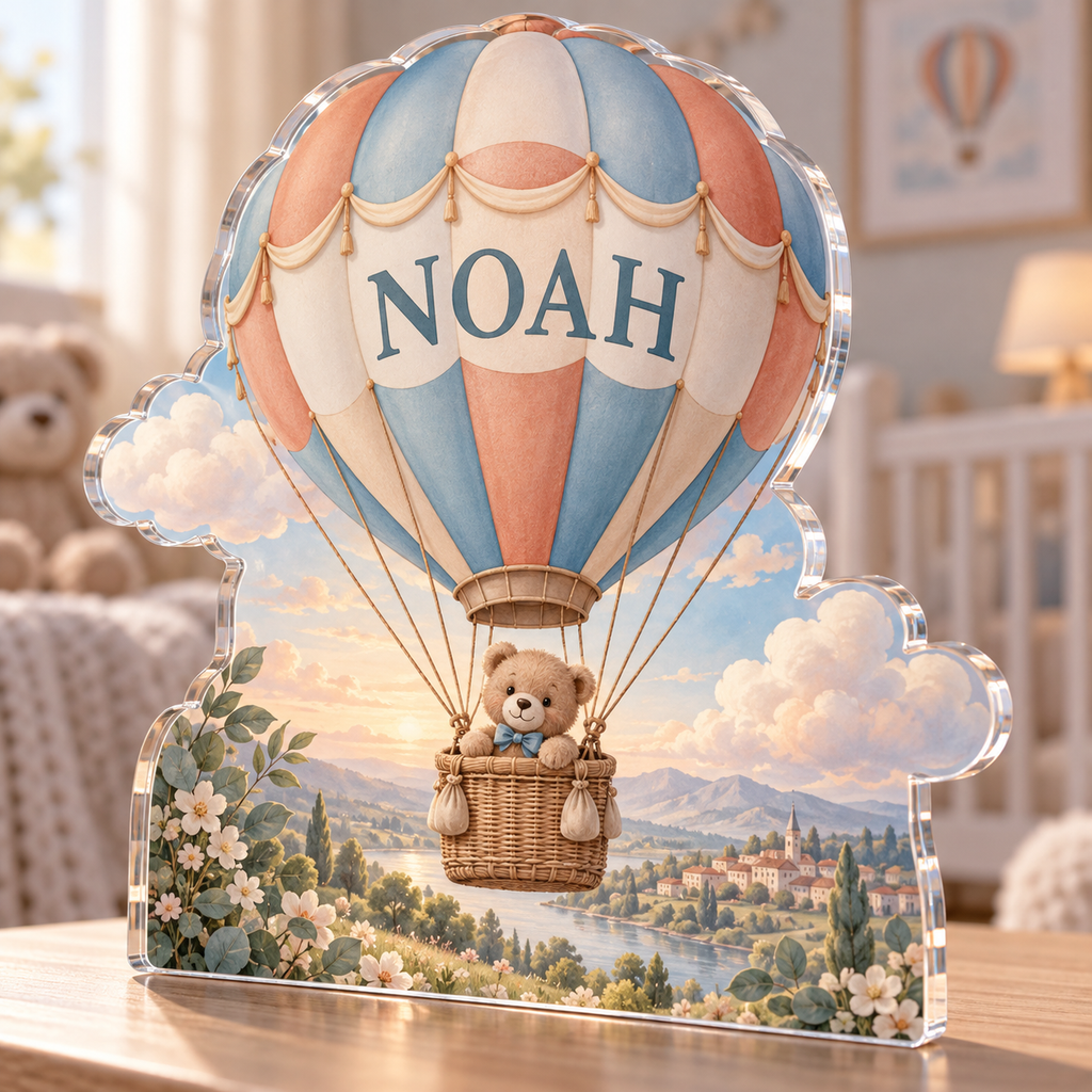Artwork visualization: Hot air balloon sky — first birthday room keepsake, personalized NOAH, subject-shaped acrylic with printed optical 3D depth; not carved relief.