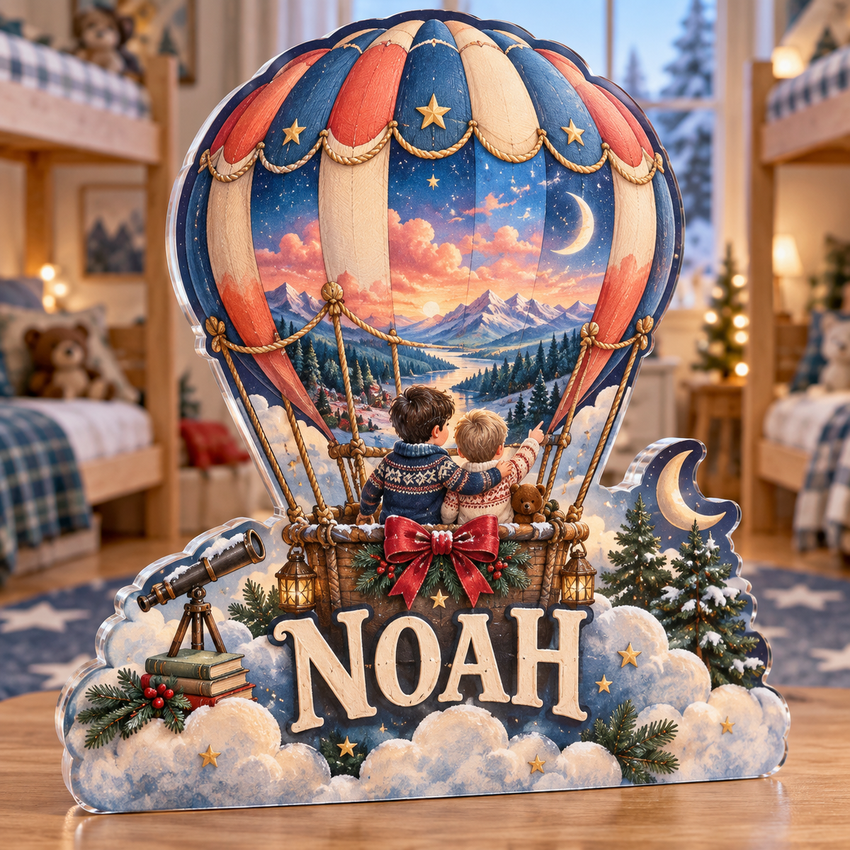 Artwork visualization: Hot air balloon sky — sibling shared room, personalized NOAH, subject-shaped acrylic with printed optical 3D depth; not carved relief.
