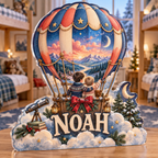 Artwork visualization: Hot air balloon sky — sibling shared room, personalized NOAH, subject-shaped acrylic with printed optical 3D depth; not carved relief.