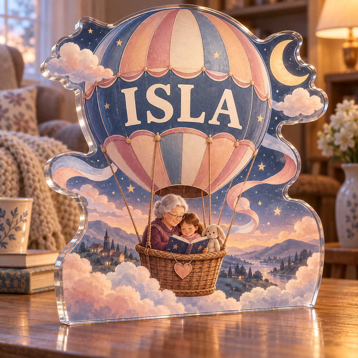 Artwork visualization: Hot air balloon sky — grandparent storytime corner, personalized ISLA, subject-shaped acrylic with printed optical 3D depth; not carved relief.