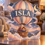 Artwork visualization: Hot air balloon sky — grandparent storytime corner, personalized ISLA, subject-shaped acrylic with printed optical 3D depth; not carved relief.