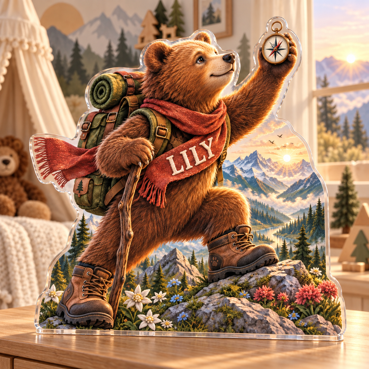 Artwork visualization: Mountain bear adventure — nursery room decoration, personalized LILY, subject-shaped acrylic with printed optical 3D depth; not carved relief.