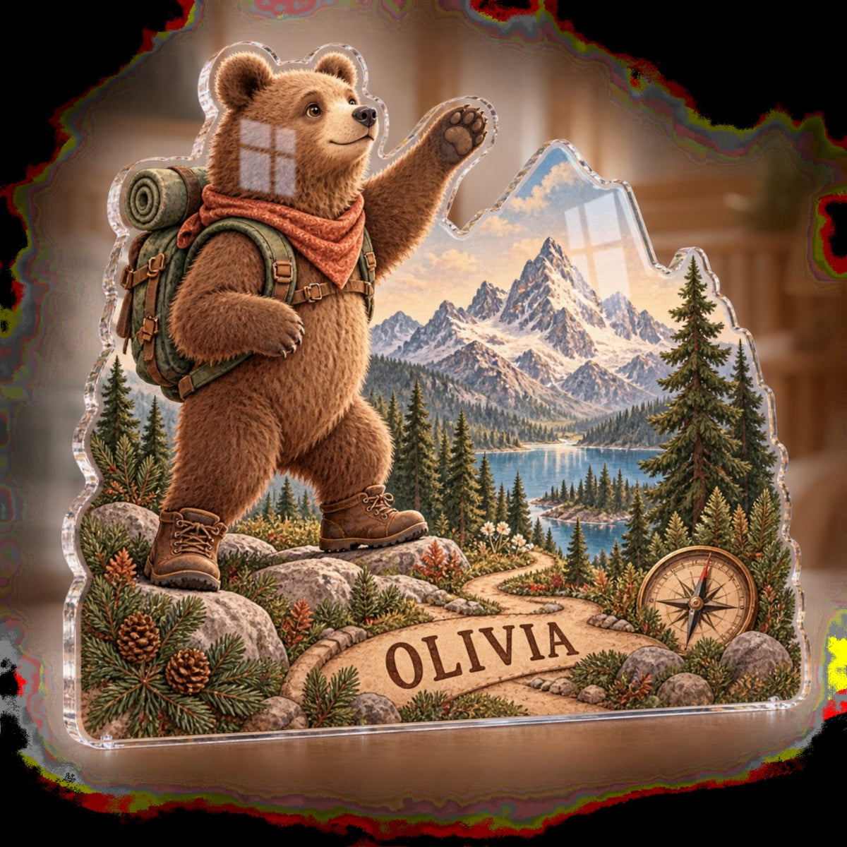 Personalized Mountain Bear Adventure Name Wall custom shape acrylic plaque with an example name set into the artwork, digital preview