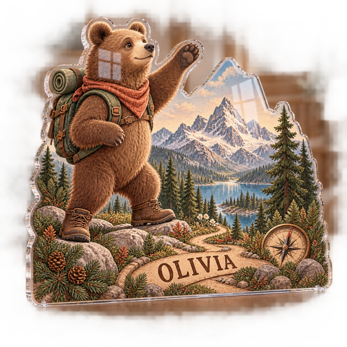 Artwork visualization: Mountain bear adventure — personalized name wall, personalized OLIVIA, subject-shaped acrylic with printed optical 3D depth; not carved relief.
