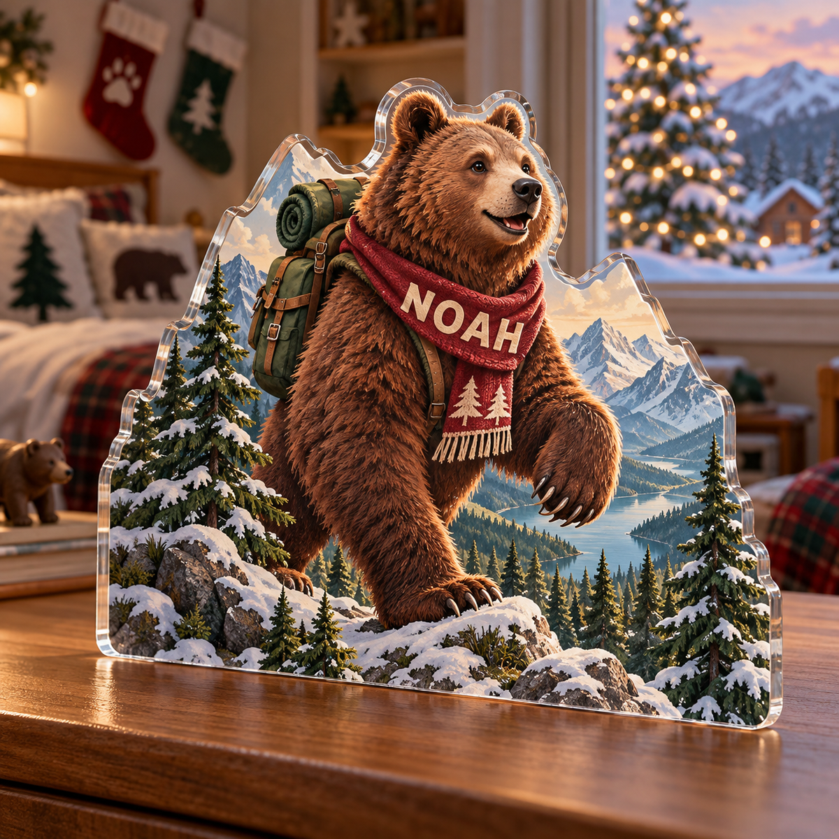 Artwork visualization: Mountain bear adventure — sibling shared room, personalized NOAH, subject-shaped acrylic with printed optical 3D depth; not carved relief.