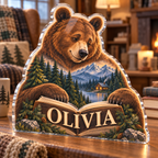 Artwork visualization: Mountain bear adventure — grandparent storytime corner, personalized OLIVIA, subject-shaped acrylic with printed optical 3D depth; not carved relief.
