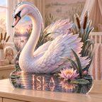 Artwork visualization: Swan and reeds — nursery room decoration, personalized ISLA, subject-shaped acrylic with printed optical 3D depth; not carved relief.