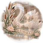 Artwork visualization: Swan and reeds — personalized name wall, personalized EMMA, subject-shaped acrylic with printed optical 3D depth; not carved relief.