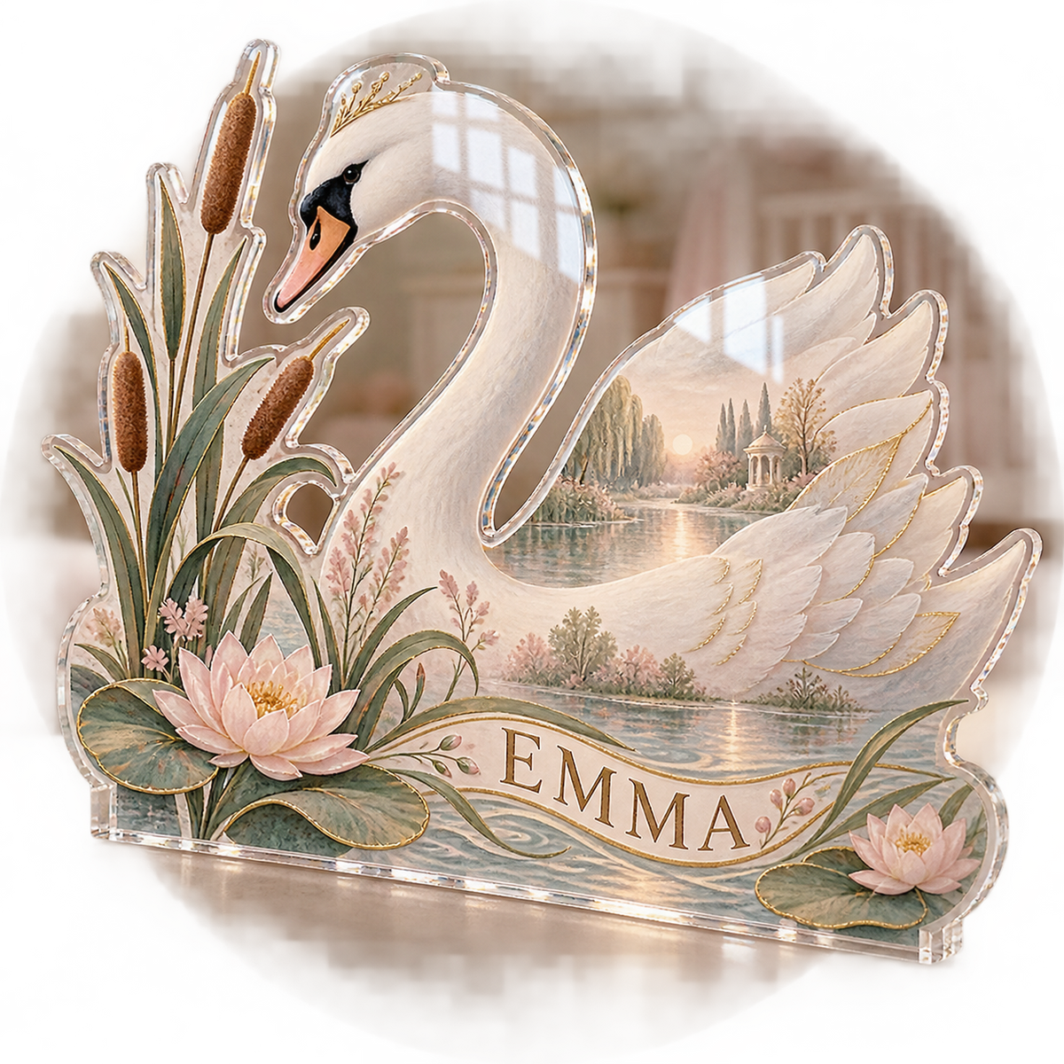 Artwork visualization: Swan and reeds — personalized name wall, personalized EMMA, subject-shaped acrylic with printed optical 3D depth; not carved relief.