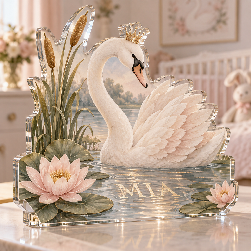Artwork visualization: Swan and reeds — first birthday room keepsake, personalized MIA, subject-shaped acrylic with printed optical 3D depth; not carved relief.