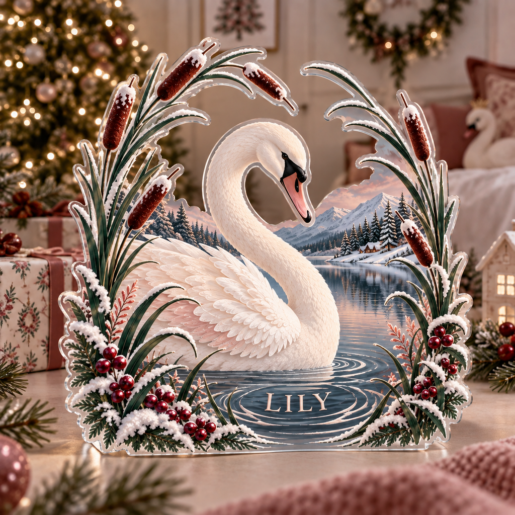 Artwork visualization: Swan and reeds — sibling shared room, personalized LILY, subject-shaped acrylic with printed optical 3D depth; not carved relief.