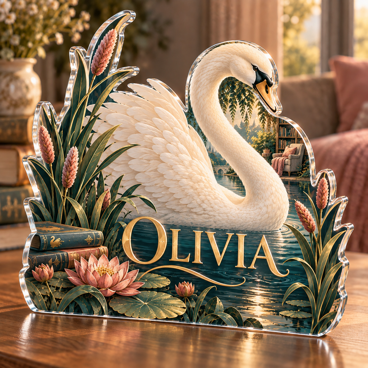 Artwork visualization: Swan and reeds — grandparent storytime corner, personalized OLIVIA, subject-shaped acrylic with printed optical 3D depth; not carved relief.