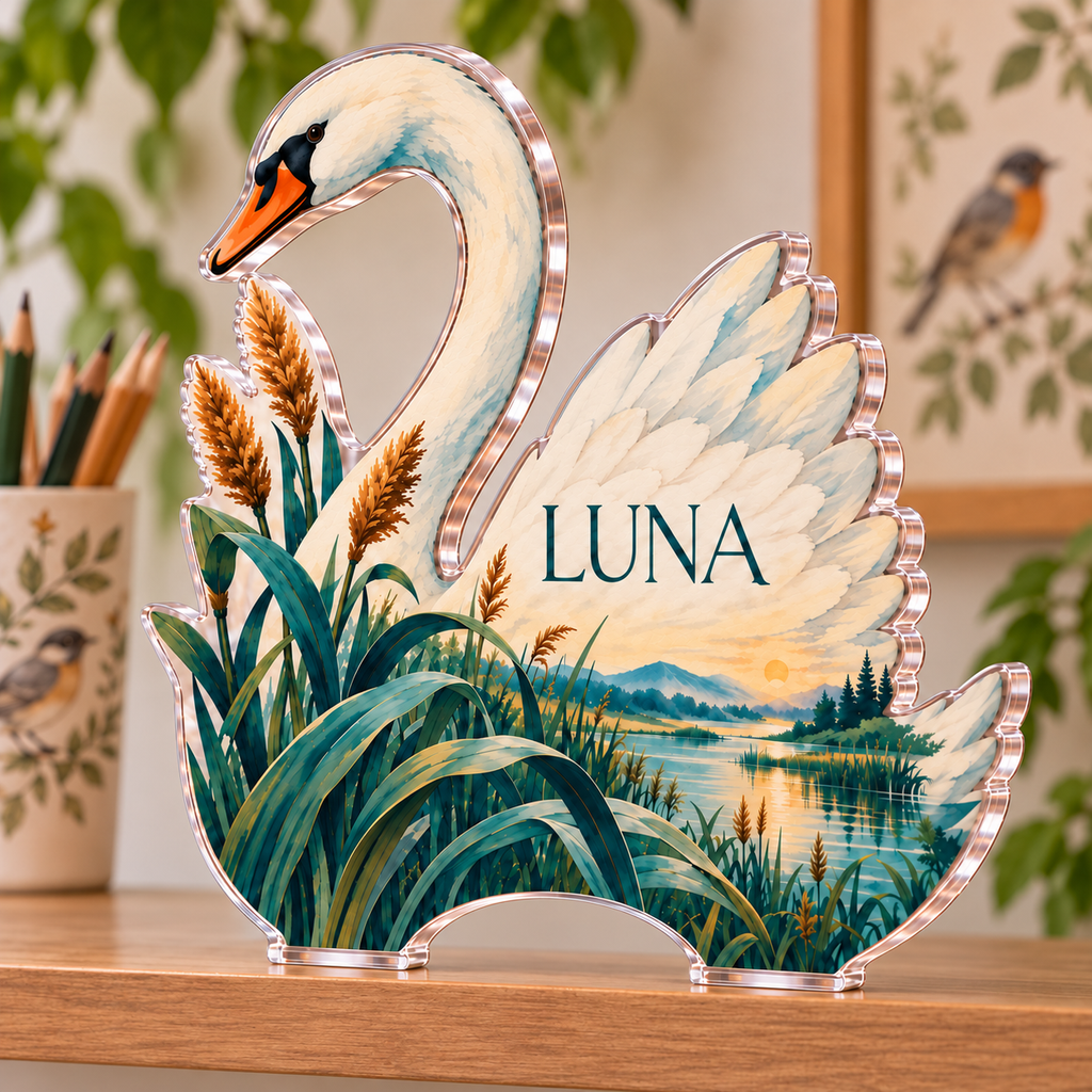Personalized Swan And Reeds — Homeschool Learning Wall acrylic plaque with an example name set into the artwork, digital preview