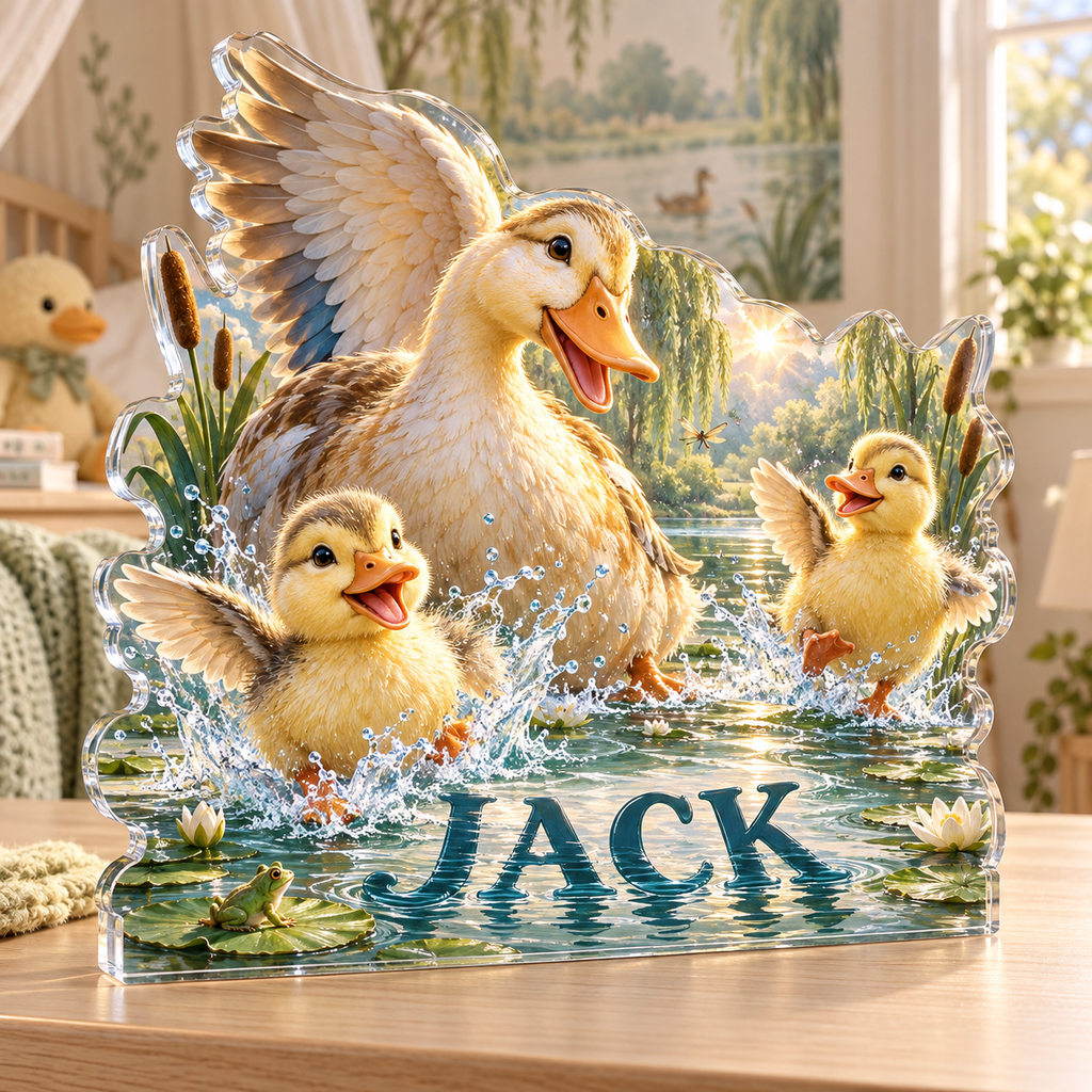 Artwork visualization: Duck pond friends — nursery room decoration, personalized JACK, subject-shaped acrylic with printed optical 3D depth; not carved relief.