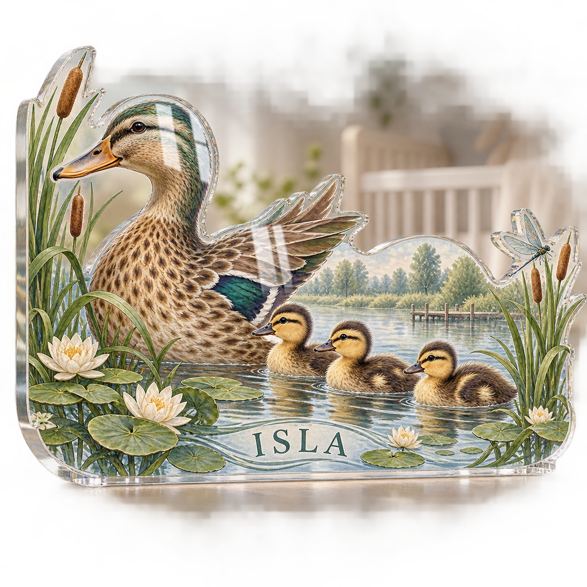 Artwork visualization: Duck pond friends — personalized name wall, personalized ISLA, subject-shaped acrylic with printed optical 3D depth; not carved relief.