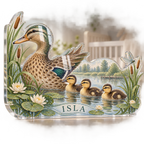 Artwork visualization: Duck pond friends — personalized name wall, personalized ISLA, subject-shaped acrylic with printed optical 3D depth; not carved relief.