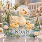 Artwork visualization: Duck pond friends — first birthday room keepsake, personalized NOAH, subject-shaped acrylic with printed optical 3D depth; not carved relief.