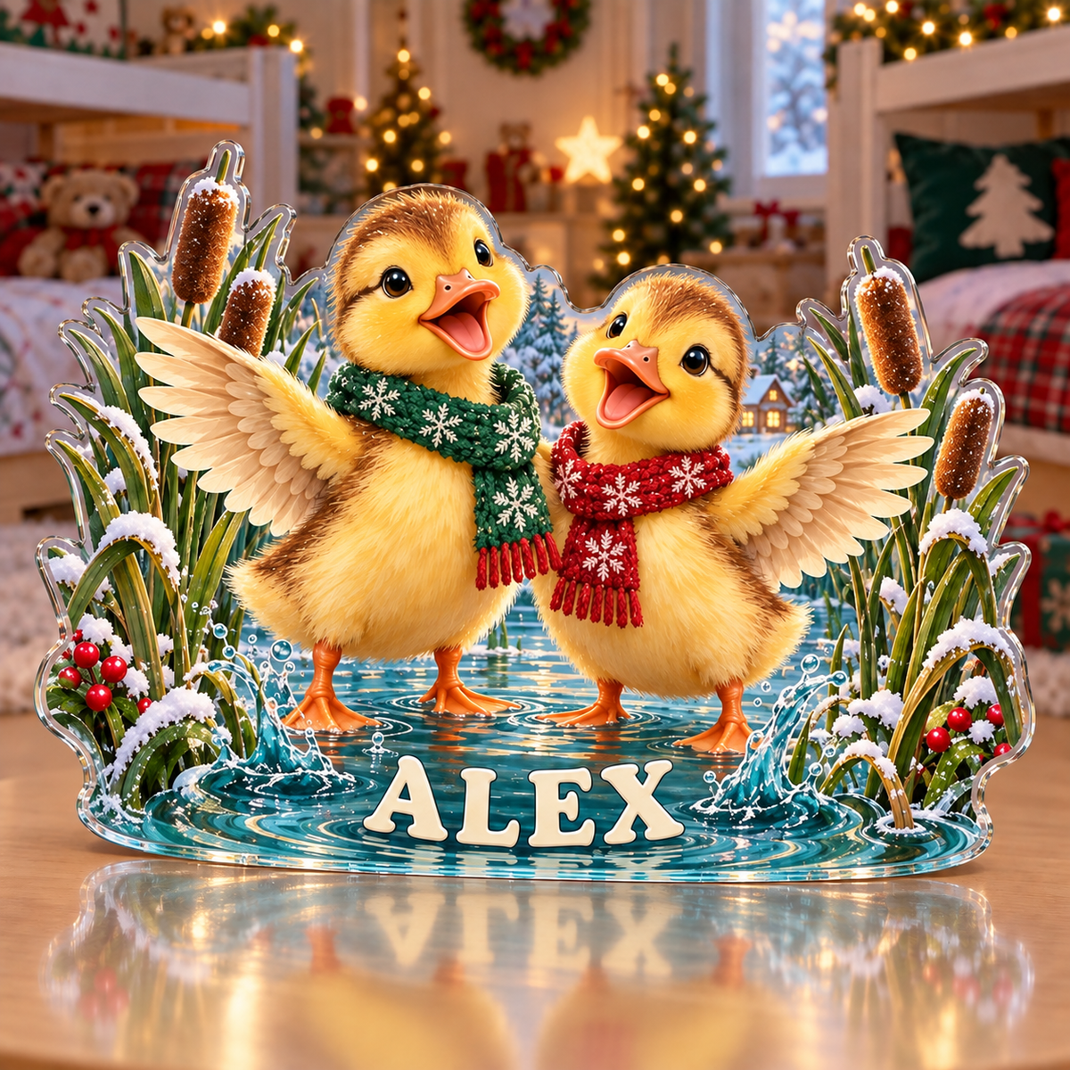 Artwork visualization: Duck pond friends — sibling shared room, personalized ALEX, subject-shaped acrylic with printed optical 3D depth; not carved relief.