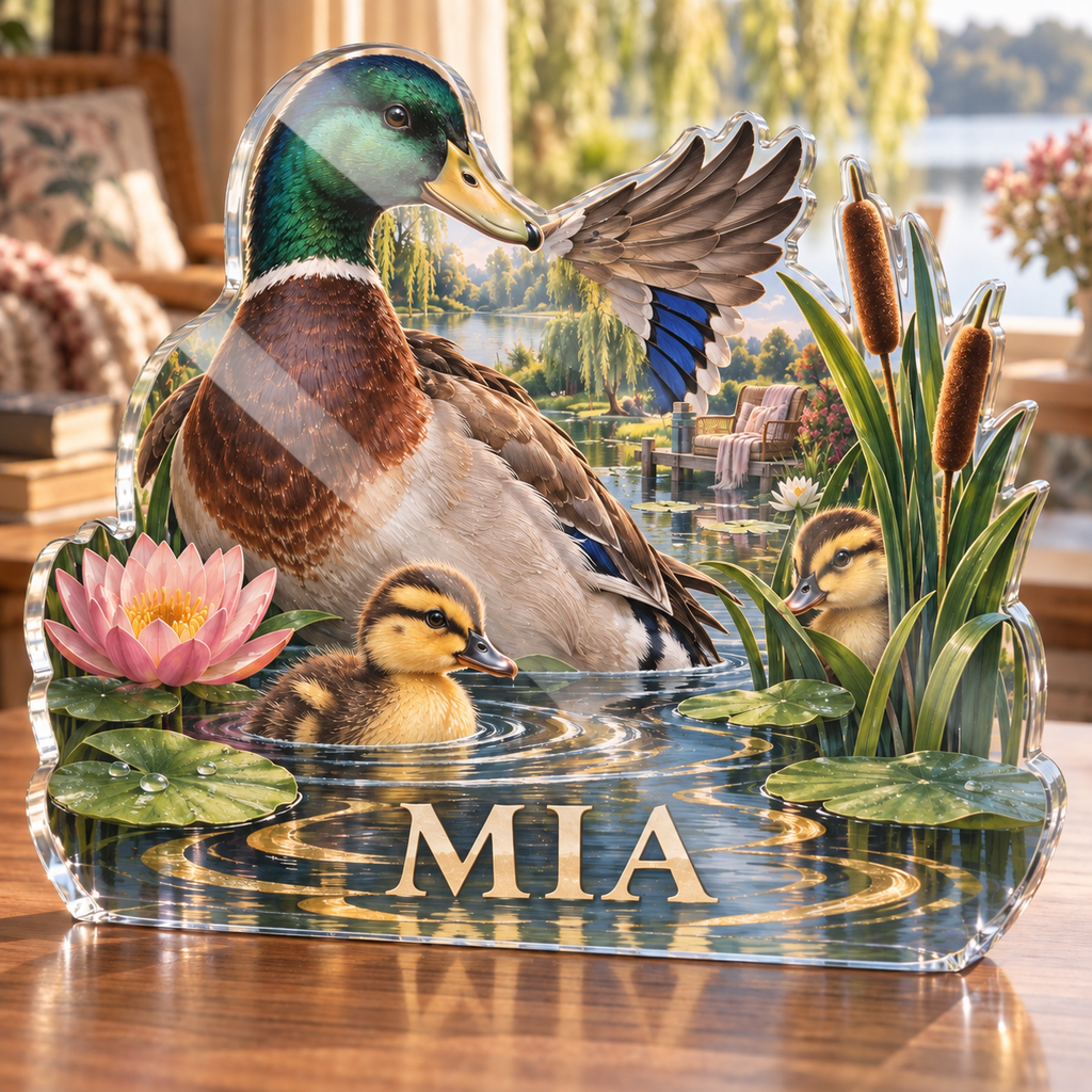 Artwork visualization: Duck pond friends — grandparent storytime corner, personalized MIA, subject-shaped acrylic with printed optical 3D depth; not carved relief.