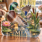 Artwork visualization: Duck pond friends — grandparent storytime corner, personalized MIA, subject-shaped acrylic with printed optical 3D depth; not carved relief.