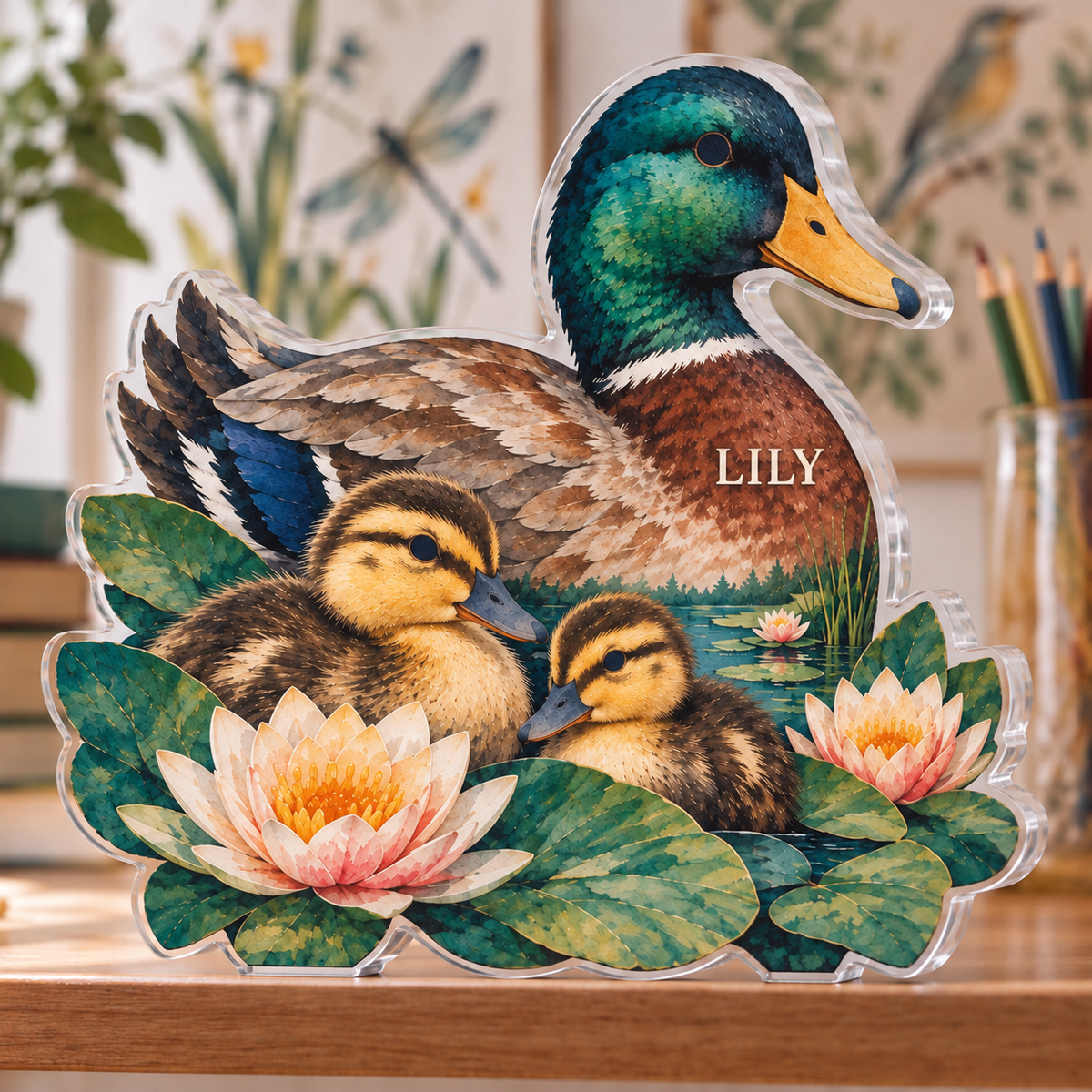 Personalized Duck Pond Friends — Homeschool Learning Wall acrylic plaque with an example name set into the artwork, digital preview