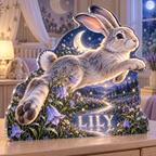 Artwork visualization: Bunny moon meadow — nursery room decoration, personalized LILY, subject-shaped acrylic with printed optical 3D depth; not carved relief.