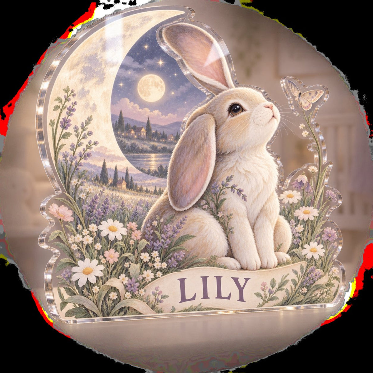 Personalized Bunny Moon Meadow Name Wall custom shape acrylic plaque with an example name set into the artwork, digital preview