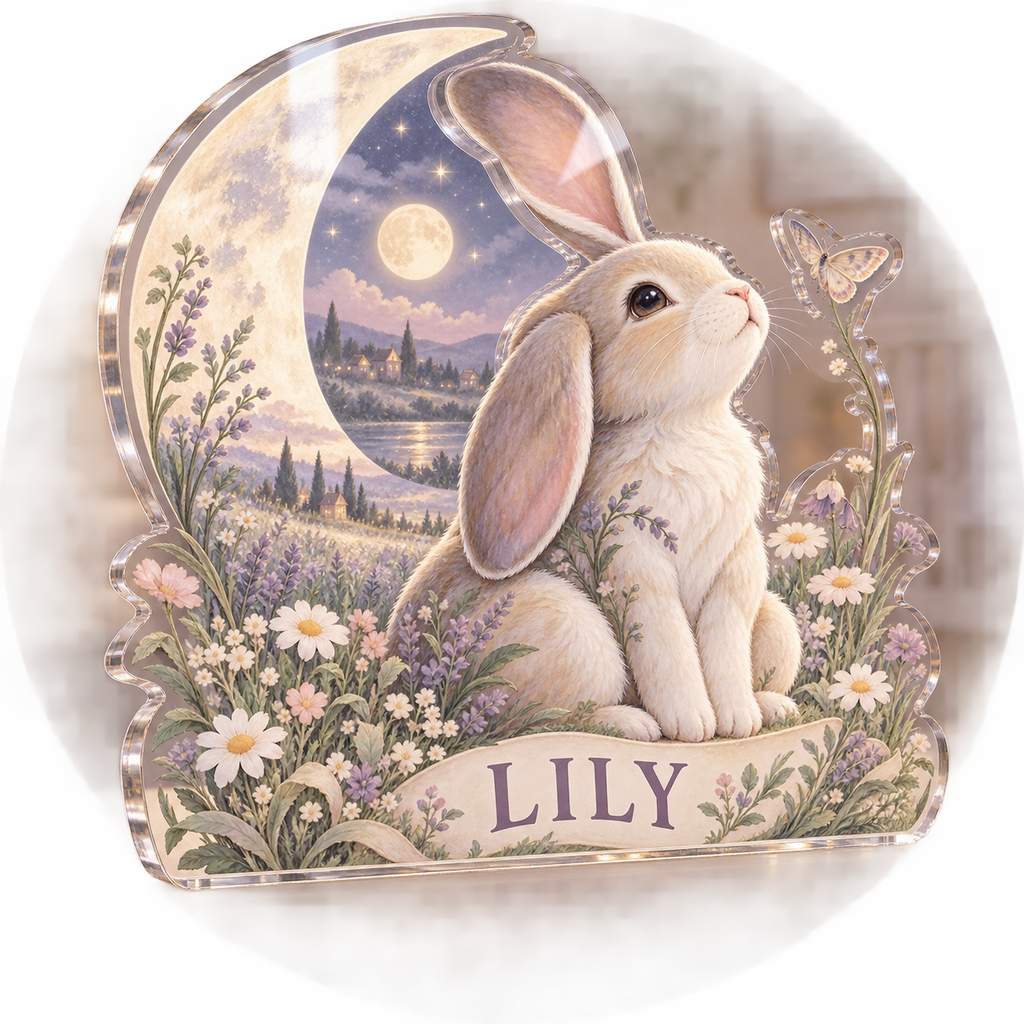 Artwork visualization: Bunny moon meadow — personalized name wall, personalized LILY, subject-shaped acrylic with printed optical 3D depth; not carved relief.