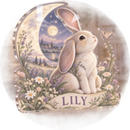 Artwork visualization: Bunny moon meadow — personalized name wall, personalized LILY, subject-shaped acrylic with printed optical 3D depth; not carved relief.
