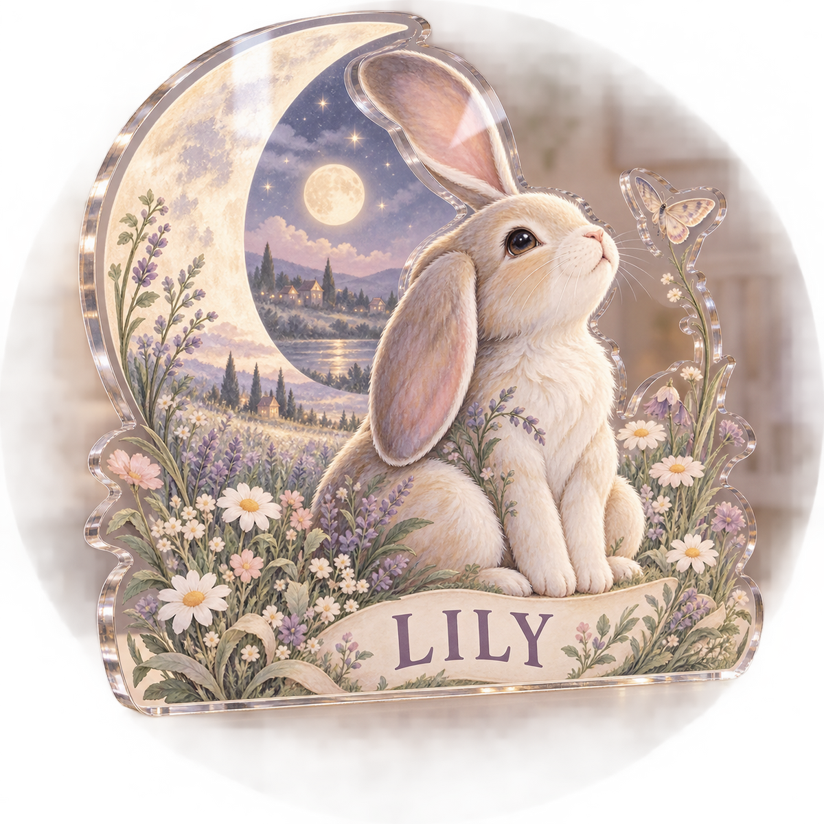Artwork visualization: Bunny moon meadow — personalized name wall, personalized LILY, subject-shaped acrylic with printed optical 3D depth; not carved relief.