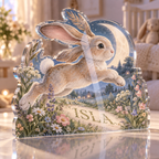 Artwork visualization: Bunny moon meadow — first birthday room keepsake, personalized ISLA, subject-shaped acrylic with printed optical 3D depth; not carved relief.