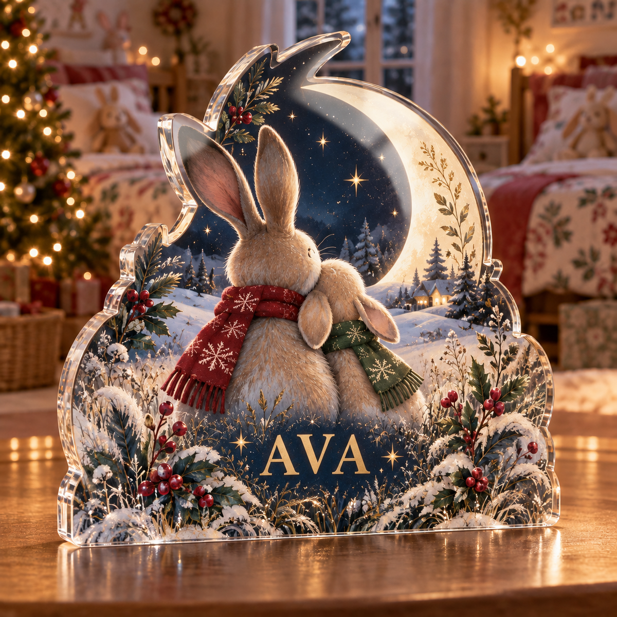 Artwork visualization: Bunny moon meadow — sibling shared room, personalized AVA, subject-shaped acrylic with printed optical 3D depth; not carved relief.