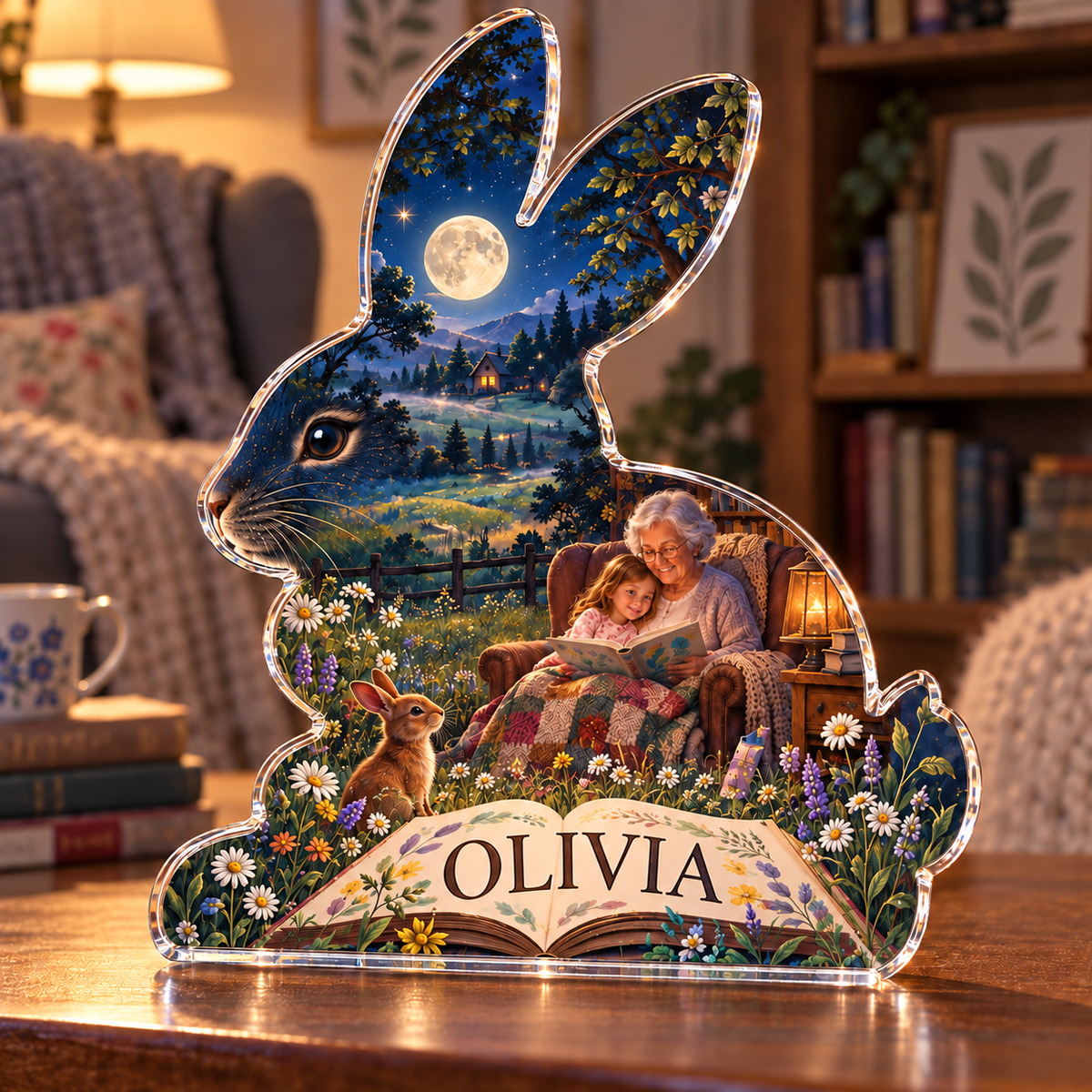 Artwork visualization: Bunny moon meadow — grandparent storytime corner, personalized OLIVIA, subject-shaped acrylic with printed optical 3D depth; not carved relief.