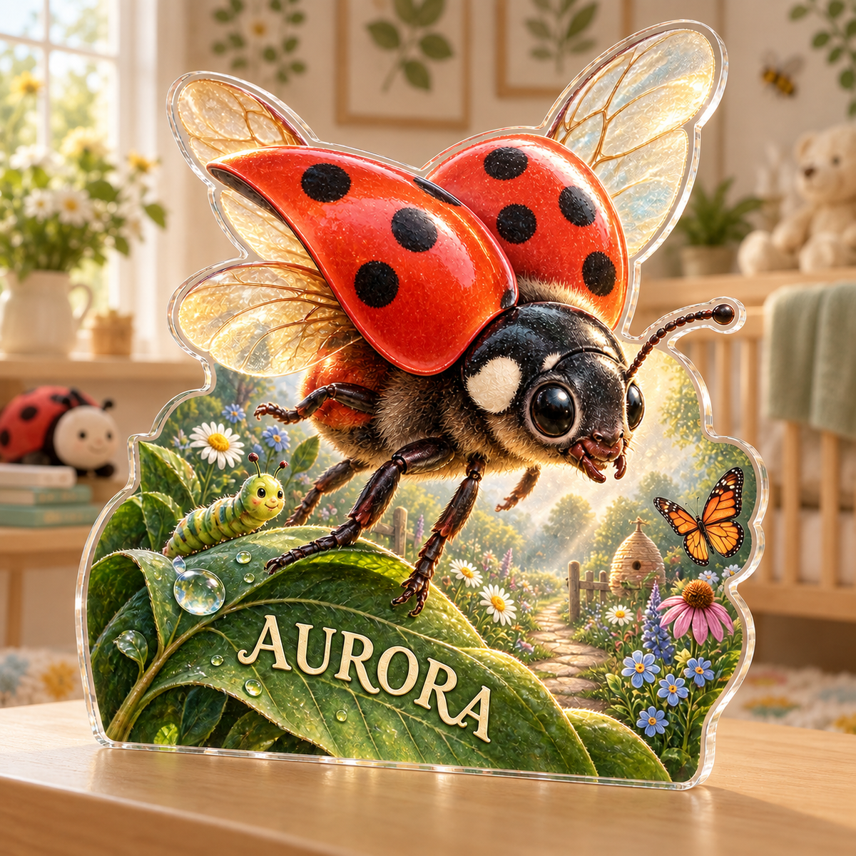 Artwork visualization: Garden insect counting — nursery room decoration, personalized AURORA, subject-shaped acrylic with printed optical 3D depth; not carved relief.