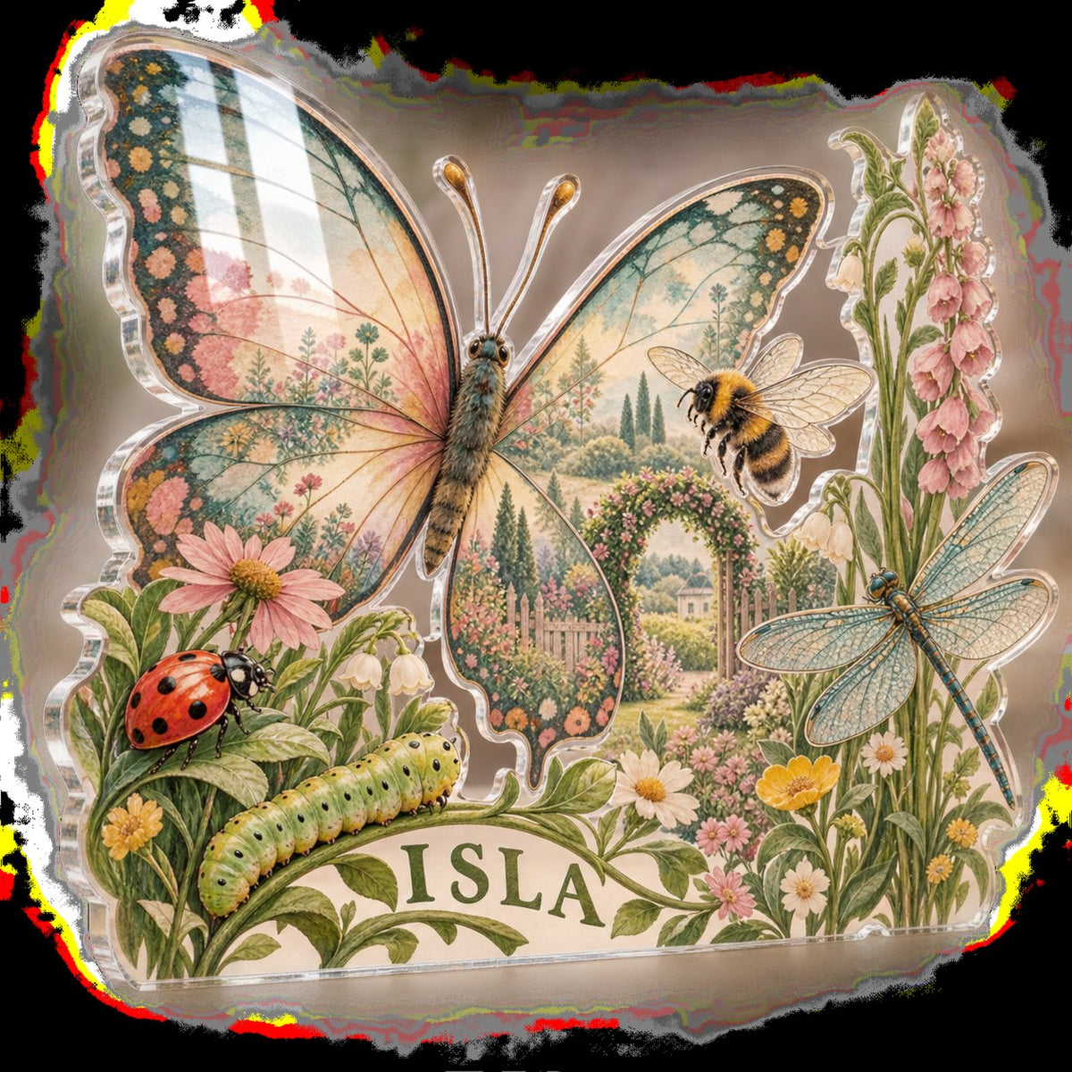 Personalized Garden Insect Counting Name Wall custom shape acrylic plaque with an example name set into the artwork, digital preview