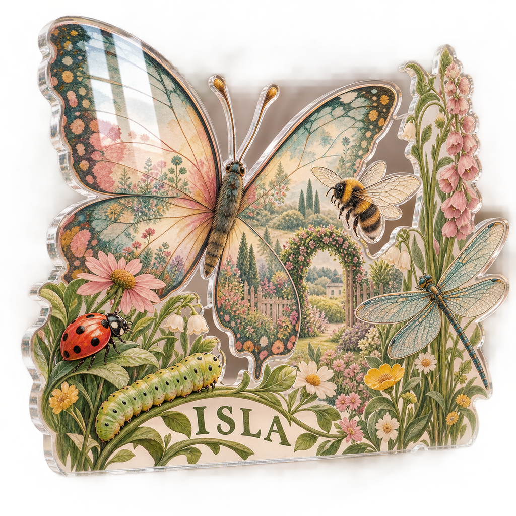 Artwork visualization: Garden insect counting — personalized name wall, personalized ISLA, subject-shaped acrylic with printed optical 3D depth; not carved relief.