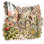 Artwork visualization: Garden insect counting — personalized name wall, personalized ISLA, subject-shaped acrylic with printed optical 3D depth; not carved relief.