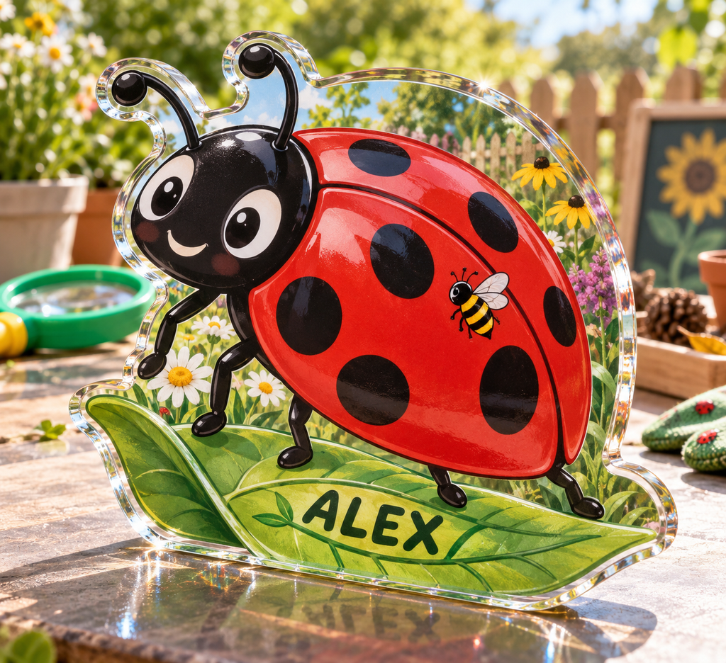 Artwork visualization: Garden insect counting — preschool classroom display, personalized ALEX, subject-shaped acrylic with printed optical 3D depth; not carved relief.