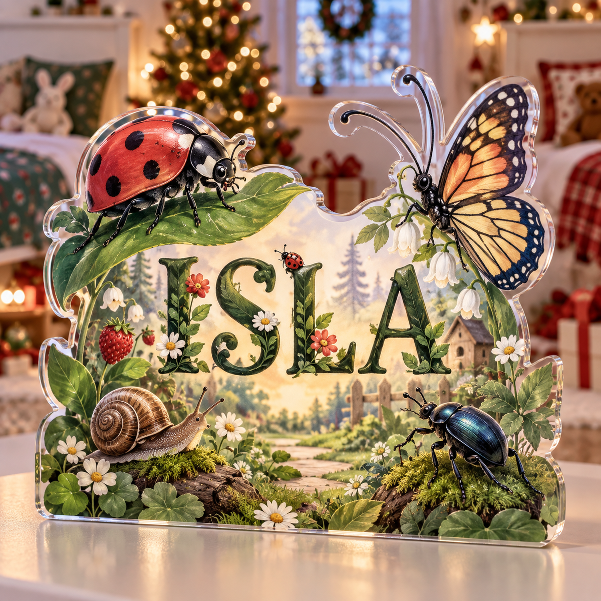 Artwork visualization: Garden insect counting — sibling shared room, personalized ISLA, subject-shaped acrylic with printed optical 3D depth; not carved relief.